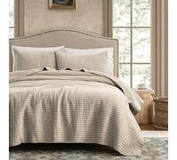 WDCOZY 100% Cotton King Size Quilt Set - Beige Neutral Striped Pick Stitch Soft Lightweight Bedspread, Textured Like Linen, Farmhouse Country Rustic Coverlet, Shabby Chic Gauze Bedding, 3 Pieces