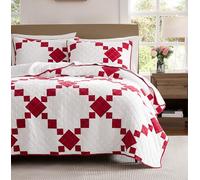WDCOZY 100% Cotton Quilt Queen Size, Lightweight Reversible Gingham Patchwork Bedding Set with 2 Pillow Shams, Red Block Pattern Farmhouse Bedspread Shabby Chic Coverlet Thin Comforter All Seasons