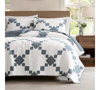 WDCOZY 100% Cotton Quilt Queen Size, Lightweight Reversible Gingham Patchwork Bedding Set with 2 Pillow Shams, Blue Block Pattern Farmhouse Bedspread Shabby Chic Coverlet Thin Comforter All Seasons