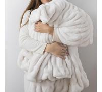 WDCOZY Ruched Faux Fur Throw Blanket Soft Cozy Fluffy Luxurious Blankets Couch Bed Sofa Chair Home Decor Warm Furry Fall Winter Plush Rabbit Fur Bubble Blanket 50" x 60", Ivory Cream White