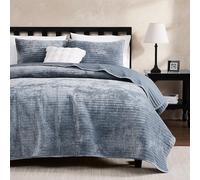 WDCOZY Velvet King Size Quilt Set - Blue Striped Pick Stitch Soft Lightweight Bedspread, Channel Farmhouse Country Rustic Coverlet, Modern Bedding Warm Thin Comforter, 3 Pieces