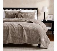 WDCOZY Velvet King Size Quilt Set - Brown Taupe Tan Camel Striped Pick Stitch Soft Lightweight Bedspread, Channel Farmhouse Country Rustic Coverlet, Modern Bedding Warm Thin Comforter, 3 Pieces