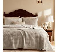 WDCOZY Velvet Queen Size Quilt Set - Beige Striped Pick Stitch Soft Lightweight Bedspread, Neutral Channel Farmhouse Country Rustic Coverlet, Modern Bedding Warm Thin Comforter, 3 Pieces