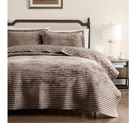 WDCOZY Velvet Queen Size Quilt Set - Beige Striped Soft Lightweight Bedspread, Tan Neutral Channel Farmhouse Country Rustic Coverlet, Taupe Camel Modern Bedding Kakhi Warm Thin Comforter, 3 Pieces