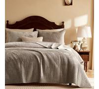 WDCOZY Velvet Queen Size Quilt Set - Brown Taupe Tan Camel Striped Pick Stitch Soft Lightweight Bedspread, Channel Farmhouse Country Rustic Coverlet, Modern Bedding Warm Thin Comforter, 3 Pieces
