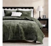 WDCOZY Velvet Queen Size Quilt Set - Olive Green Striped Pick Stitch Soft Lightweight Bedspread, Channel Farmhouse Country Rustic Coverlet, Modern Bedding Warm Thin Comforter, 3 Pieces