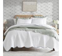 WDCOZY White Queen Size Quilt Bedding Set, Scalloped Farmhouse Country Rustic Lightweight Soft Coverlet, Cute Cozy Kantha Pick Stitch Bedspread, 2 Pillow Shams, Blue Edge Blue Stitching