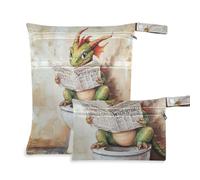 WDdZzyy Cartoon Cute Green Dragon Reads Newspaper Waterproof Diaper Wet Bag 2 Pack Wet Bag for Swimsuit with Handles for Beach