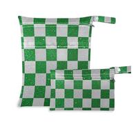 WDdZzyy Fake Glitter Checkerboard Squares White Green Mess-Proof Bags for Baby 2 Pack Wet Bag for Swimsuit with Handles for Beach