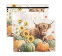 WDdZzyy Fall Autumn Pumpkin Highland Cattle Pencil Pouches with 3 Reinforced Grommets 3 Hole Pocket for A4 Paper Letter 2 Pack Teacher Storing School Students Teacher Supplies