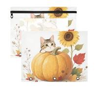 WDdZzyy Hello Fall Autumn Cat Pumpkin Sunflower Binder Pencil Pouches Clear Window 3 Hole Pocket for A4 Paper Letter 2 Pack Students Art Supplies Storage