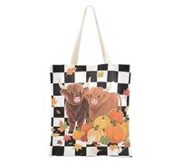 WDdZzyy Hello Fall Autumn Cow Pumpkin Black Check Medium Canvas Tote Bag for Women With Pockets With Handles Reusable Canvas Tote Bag Bulk Christmas Presents
