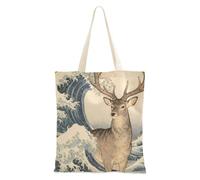 WDdZzyy Japanese Ocean Sea Waves Deer Medium Canvas Tote Bag for Women With Pockets With Handles Reusable Tote Bag Bulk Beach Gifts