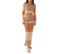 wdehow Women Crochet Knit Long Dress Long Sleeve Striped Patchwork Hollow Out Maxi Dress Summer Beach Long Dress Crochet Swimsuit Cover Up Dress (Khaki,Medium)