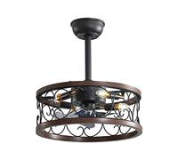 WDENI Caged Ceiling Fan with Lights and Remote, 17.7" Industrial Ceiling Fans with Lamps, Vintage Fan Light with 6 Speeds DC Motor Timer for Living Room Kitchen Bedroom Farmhouse (Wood)