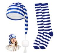 WDFCN Sleeping Hat Carnival Striped Stockings Blue White Set Pointed Hat Night Hood Striped Stockings Sleep Hat with Bobble for Sleepwalker Costume Party Fancy Dress JGA Wedding, blue white, One Size