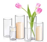 WDHODEC Hurricane Candle Holders Cylinder Flower Vases, Pillar Votives Floating Candles Holder, Clear Glass Vase for Wedding Party Decoration 10" 7.8" 6" Set of 6