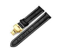 Wdjadp 14/16/18/19/20/21/22/24mm Genuine Leather Strap, Double-Press Butterfly Clasp, Replacement Strap,Gold-Black White,22mm