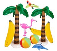 WDKXCN 10 Pcs Inflatable Palm Tree Flamingo Parrot Dolphin Banana Beach Balls, Pool Party Inflatables, Hawaiian Party Decoration Set for Adults Kids Summer Beach Pool Party Supplies