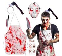 WDKXCN Butcher Halloween Costumes, 9PCS Halloween Bloody Apron, Chef halloween Costume, Serial Killer costumes, Halloweens Fancy costumes Dress for Men and Women, Terrifying Clothing for Party Events