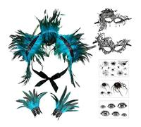WDKXCN Feather Cape, Maleficent Costume Women Feather Shawl with Wrist Cuffs Masquerade Mask Tattoo Stickers, Blue F-eather Collar Gothic Cape Cloak for Cosplay Halloween Christmas Party
