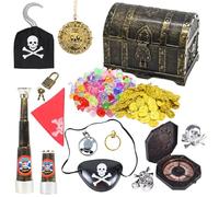 WDKXCN Pirate Treasure Chest, Treasure Chest Kids with Gold Coins, Fake Gems, Compass, Telescope and Pirate Accessories, Treasure Box, Pirate Chest Kids for Pirate Party, Hunting