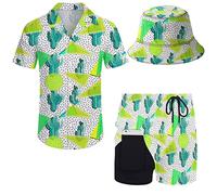 Wdpsuxin Mens 2 Piece Hawaiian Shirt and Shorts, Retro 80s 90s Graphics Cactus, Medium
