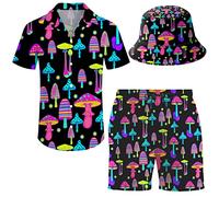 Wdpsuxin Mens 2 Piece Short Set Trippy Dinosaur Hawaiian Button Down Shirt and Shorts Sets with Bucket Hats, Trippy Magic Mushroom4, XXL