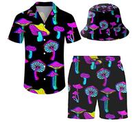 Wdpsuxin Mens 2 Piece Short Set Trippy Dinosaur Hawaiian Button Down Shirt and Shorts Sets with Bucket Hats, Trippy Magic Mushroom3, Medium