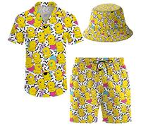 Wdpsuxin Mens 2 Piece Short Set Trippy Dinosaur Hawaiian Button Down Shirt and Shorts Sets with Bucket Hats, Retro 80s 90s Memphis Graphics Rubber Duck, XL