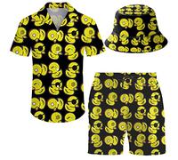 Wdpsuxin Mens 2 Piece Short Set Trippy Dinosaur Hawaiian Button Down Shirt and Shorts Sets with Bucket Hats, Rubber Duck, Large