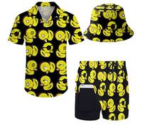 Wdpsuxin Mens 2 Piece Tracksuit Hawaiian Button Down Shirt and Compression Liner Shorts Sets with Bucket Hats, Rubber Duck520, Medium
