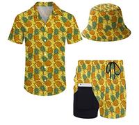 Wdpsuxin Mens 2 Piece Tracksuit Hawaiian Button Down Shirt and Compression Liner Shorts Sets with Bucket Hats, Tropical Pineapple, XL