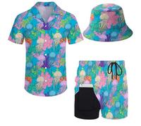 Wdpsuxin Mens 2 Piece Tracksuit Hawaiian Button Down Shirt and Compression Liner Shorts Sets with Bucket Hats, Jellyfish Coralsunglass, XL
