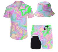 Wdpsuxin Mens 2 Piece Tracksuit Hawaiian Button Down Shirt and Compression Liner Shorts Sets with Bucket Hats, Trippyblue, Medium