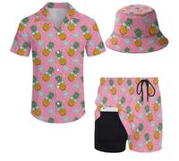 Wdpsuxin Mens 2 Piece Tracksuit Hawaiian Button Down Shirt and Compression Liner Shorts Sets with Bucket Hats, Pineapplesunglass, XL