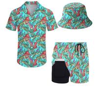 Wdpsuxin Mens 2 Piece Tracksuit Hawaiian Button Down Shirt and Compression Liner Shorts Sets with Bucket Hats, Sea, XXL