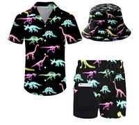Wdpsuxin Mens 2 Piece Tracksuit Hawaiian Button Down Shirt and Compression Liner Shorts Sets with Bucket Hats, Trippy Dinosaur, XL