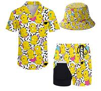 Wdpsuxin Mens 2 Piece Tracksuit Hawaiian Button Down Shirt and Compression Liner Shorts Sets with Bucket Hats, Retro 80s 90s Memphis Graphics Rubber Duck, XXL