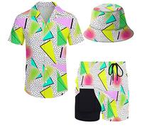 Wdpsuxin Mens 2 Piece Tracksuit Hawaiian Button Down Shirt and Compression Liner Shorts Sets with Bucket Hats, Retro 80s 90s Memphis Graphics, XXXL