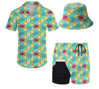 Wdpsuxin Mens 2 Piece Tracksuit Hawaiian Button Down Shirt and Compression Liner Shorts Sets with Bucket Hats, Beerduck, XL