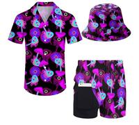 Wdpsuxin Mens 2 Piece Tracksuit Hawaiian Button Down Shirt and Compression Liner Shorts Sets with Bucket Hats, Trippy Magic Mushroom Purple, Large