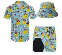 Wdpsuxin Mens 2 Piece Tracksuit Hawaiian Button Down Shirt and Compression Liner Shorts Sets with Bucket Hats, Duck Money1, Medium