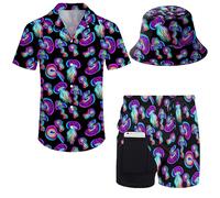 Wdpsuxin Mens 2 Piece Tracksuit Hawaiian Button Down Shirt and Compression Liner Shorts Sets with Bucket Hats, Magic Mushroom21, XXL