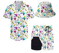 Wdpsuxin Mens 2 Piece Tracksuit Hawaiian Button Down Shirt and Compression Liner Shorts Sets with Bucket Hats, Retro 80s 90s Graphics1520, Large