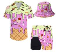 Wdpsuxin Mens 2 Piece Tracksuit Hawaiian Button Down Shirt and Compression Liner Shorts Sets with Bucket Hats, Ice Cream, XL