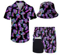 Wdpsuxin Mens 2 Piece Tracksuit Hawaiian Button Down Shirt and Compression Liner Shorts Sets with Bucket Hats, Mushroom, Medium