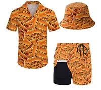 Wdpsuxin Mens 2 Piece Tracksuit Hawaiian Button Down Shirt and Compression Liner Shorts Sets with Bucket Hats, Hot Dog, S