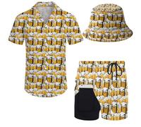 Wdpsuxin Mens 2 Piece Tracksuit Hawaiian Button Down Shirt and Compression Liner Shorts Sets with Bucket Hats, Beer1, XL