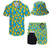 Wdpsuxin Mens 2 Piece Tracksuit Hawaiian Button Down Shirt And Compression Liner Shorts Sets With Bucket Hats, Retro 80s 90s Graphics Rubber Duck Blue, XL